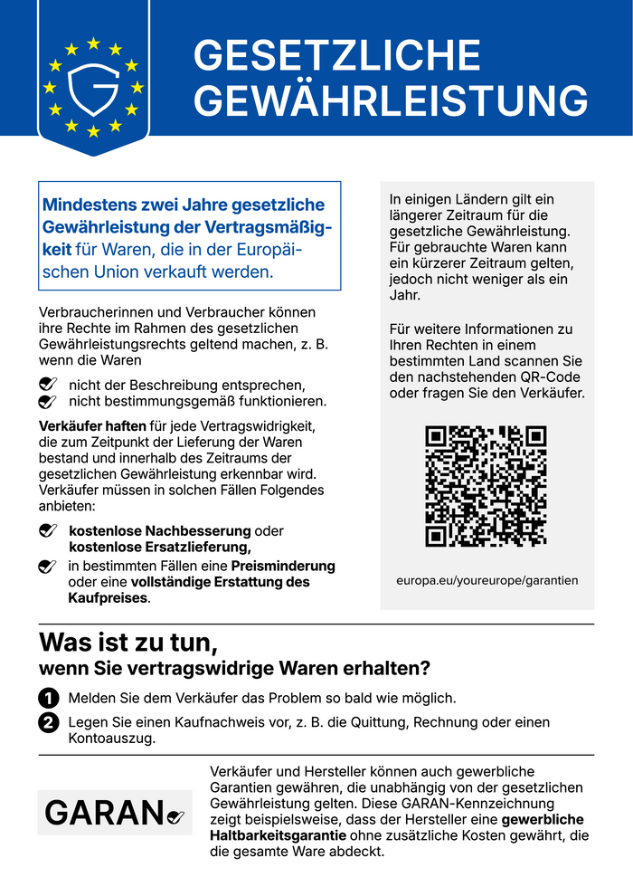 Gesetzliche Gewährleistung — mindestens zwei Jahre in der EU