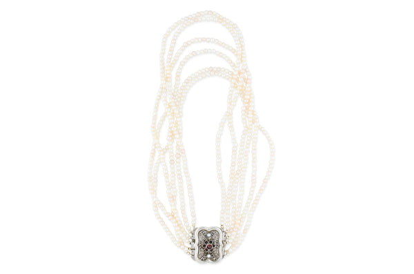 Hochzeitscollier • 925 Silber • Granat • Süßwasserperlen