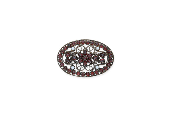 Antike Brosche • 800 Silber • Granat • Saatperlen