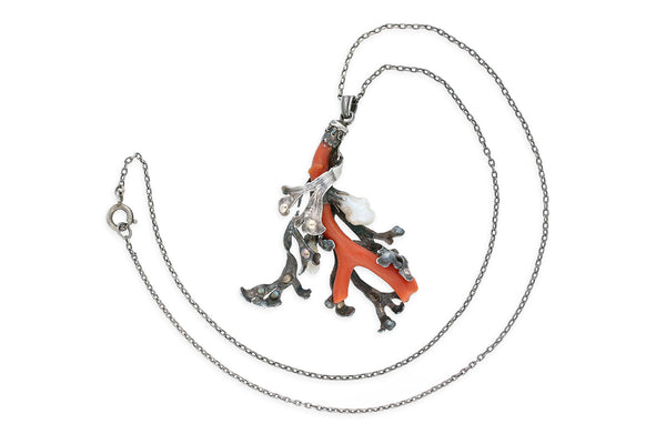 Antikes Collier • 8000 Silber • Koralle • Perlen