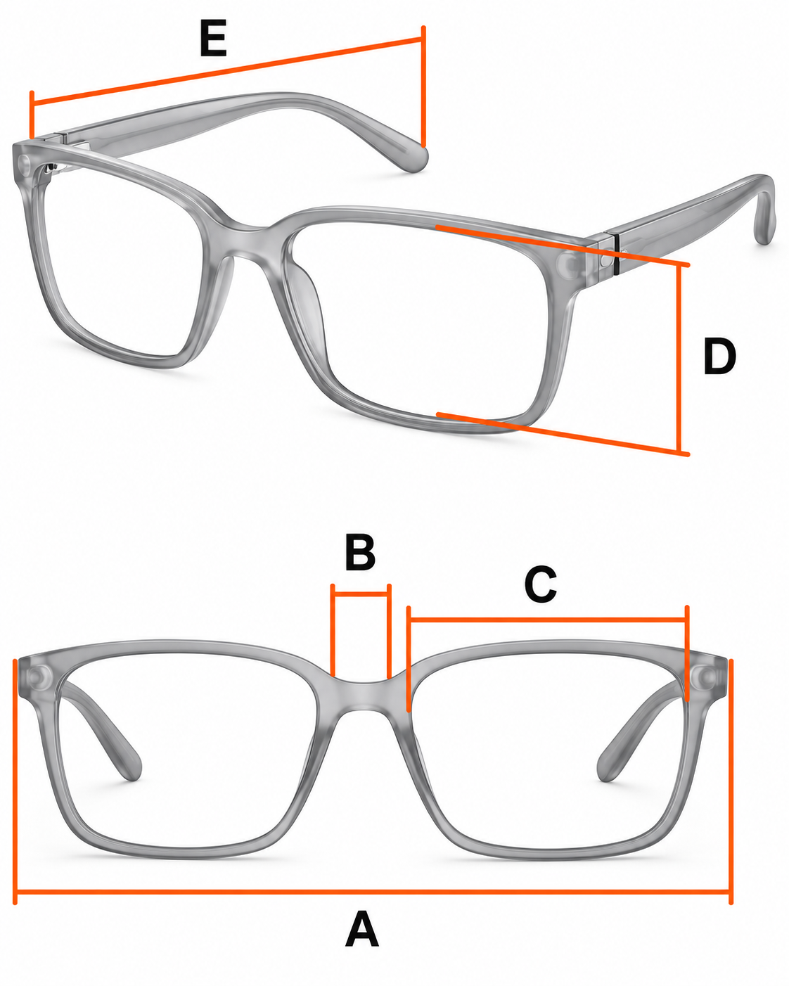 Brillenmaße: A Brillengröße, B Stegbreite, C Glasbreite, D Glashöhe, E Bügellänge