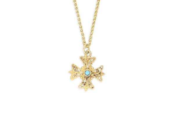 Kette mit Kreuzanhänger • 750 Gold • Türkis