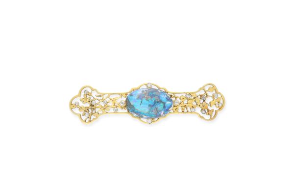 Antike Brosche • 750 Gold • Boulderopal • Diamanten