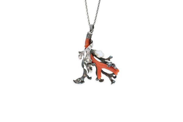 Antikes Collier • 8000 Silber • Koralle • Perlen